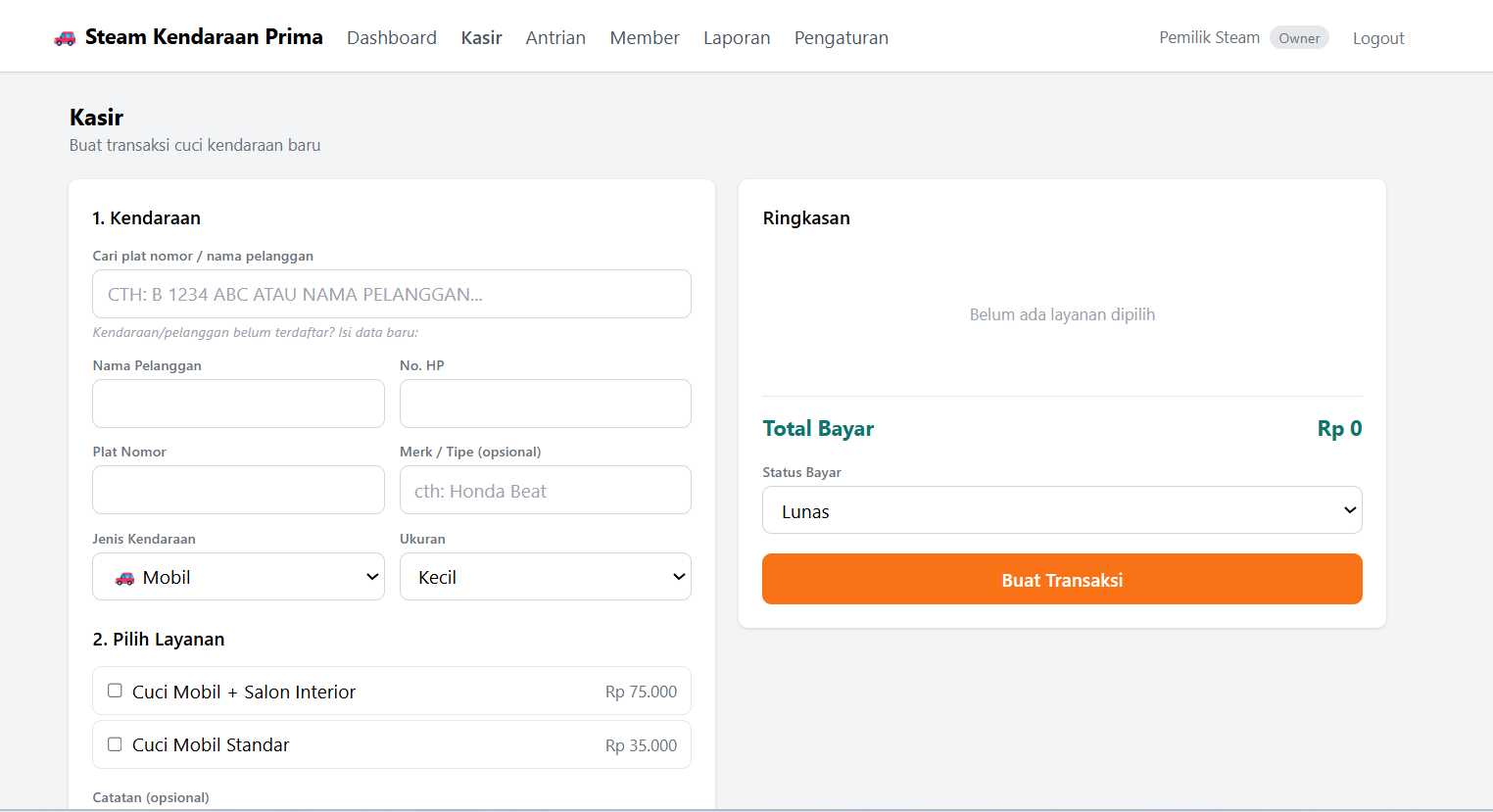 Screenshot Steam Kendaraan Prima — Sistem Kasir Cuci Motor & Mobil