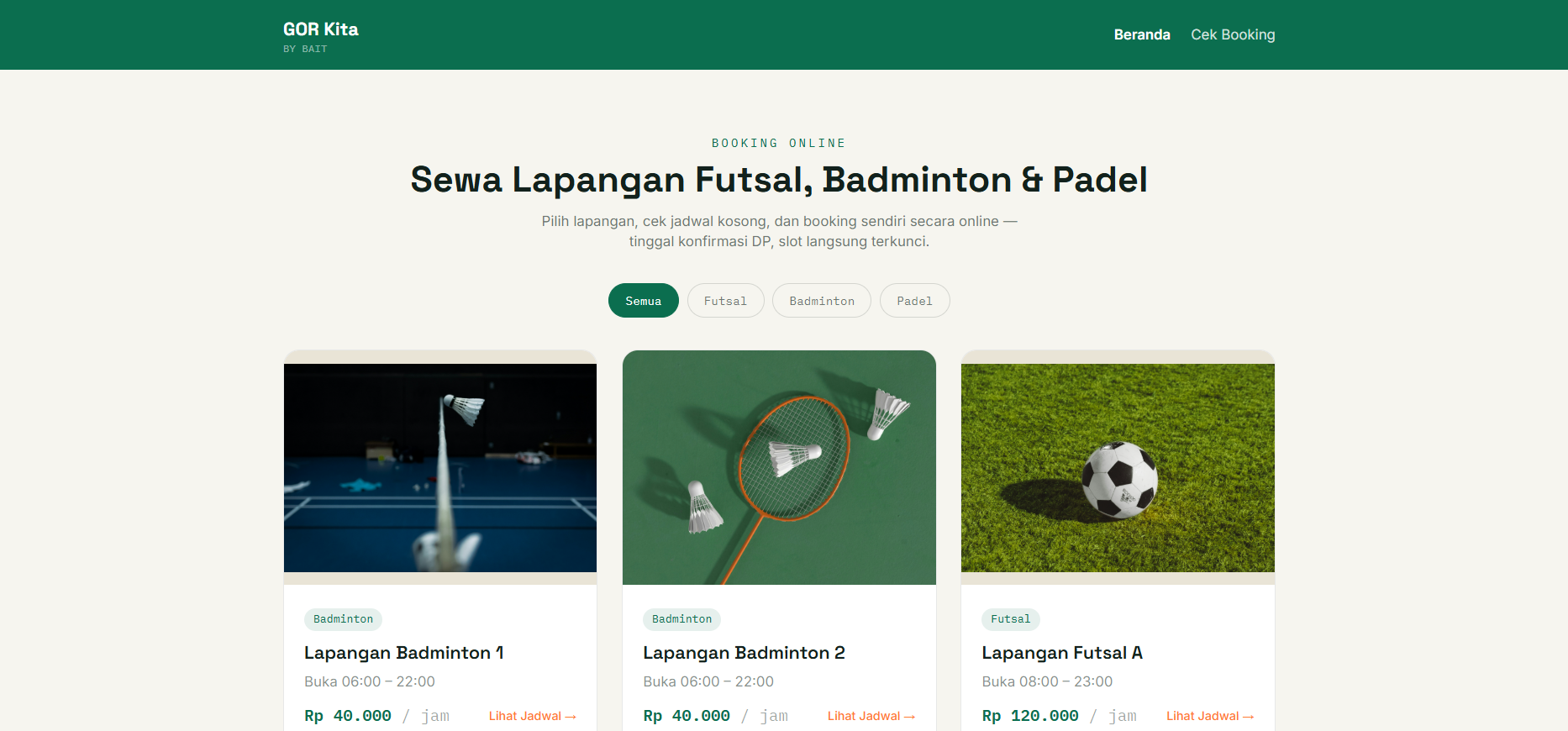 Screenshot GOR Kita — Booking Lapangan Futsal, Badminton & Padel